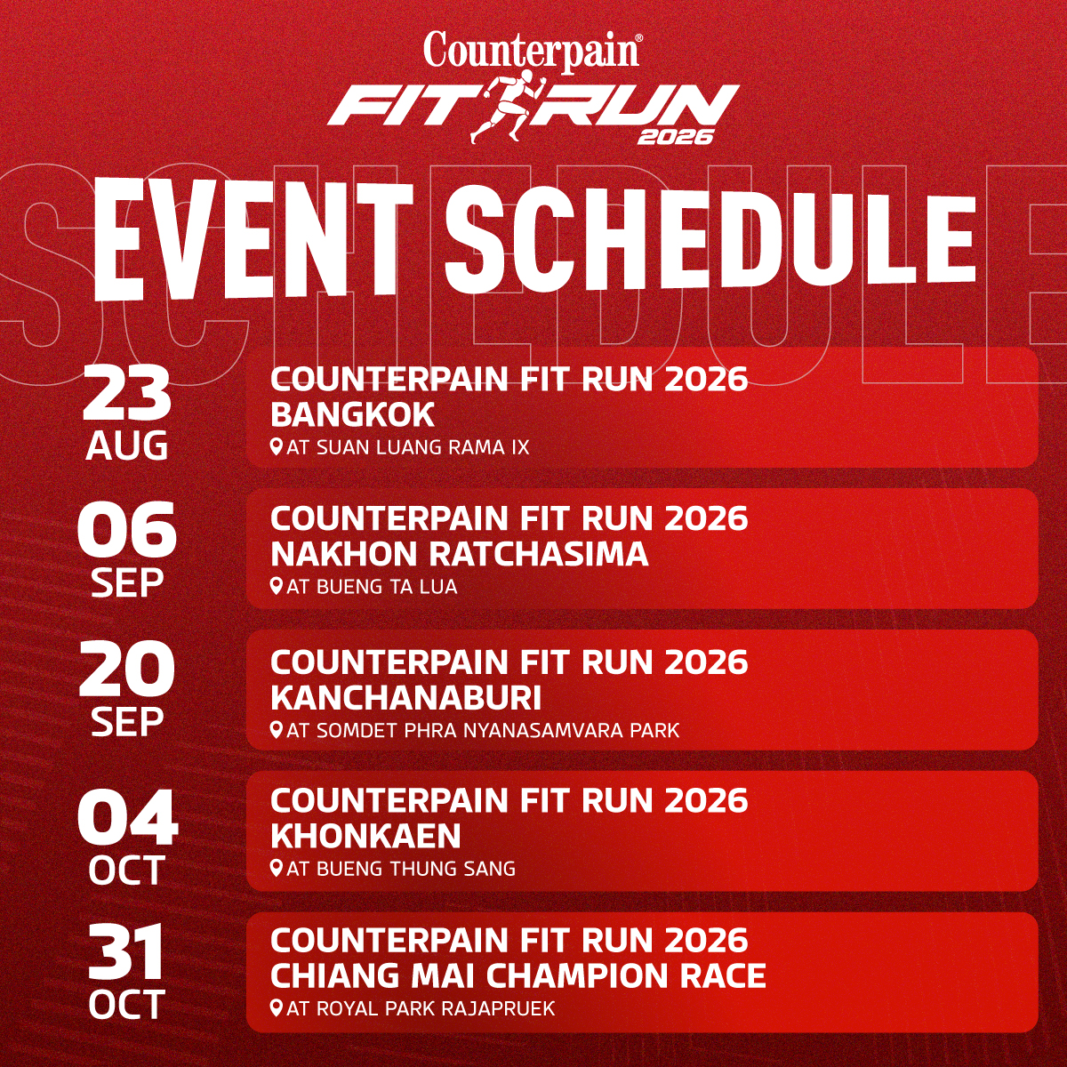 Event Schedule — กำหนดการทั้ง 5 สนาม Fit Run 2026 Series