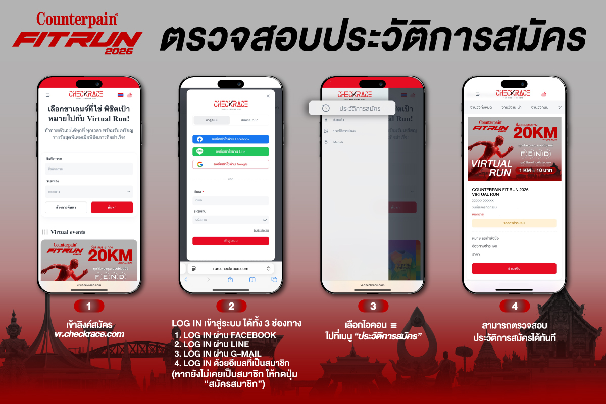ตรวจสอบประวัติการสมัคร — Log in ที่ vr.checkrace.com ผ่าน Facebook / LINE / G-mail แล้วเลือกเมนูประวัติการสมัคร