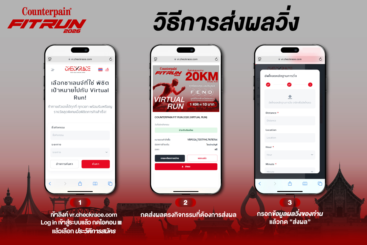วิธีการส่งผลวิ่ง — เข้า vr.checkrace.com เลือกประวัติการสมัคร กดส่งผล กรอกข้อมูลแล้วกดส่งผล