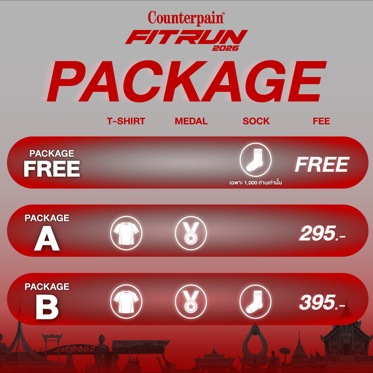 Package Virtual Run — Package FREE ถุงเท้า (1,000 ท่านแรก) · Package A เสื้อ+เหรียญ 295.- · Package B เสื้อ+เหรียญ+ถุงเท้า 395.-